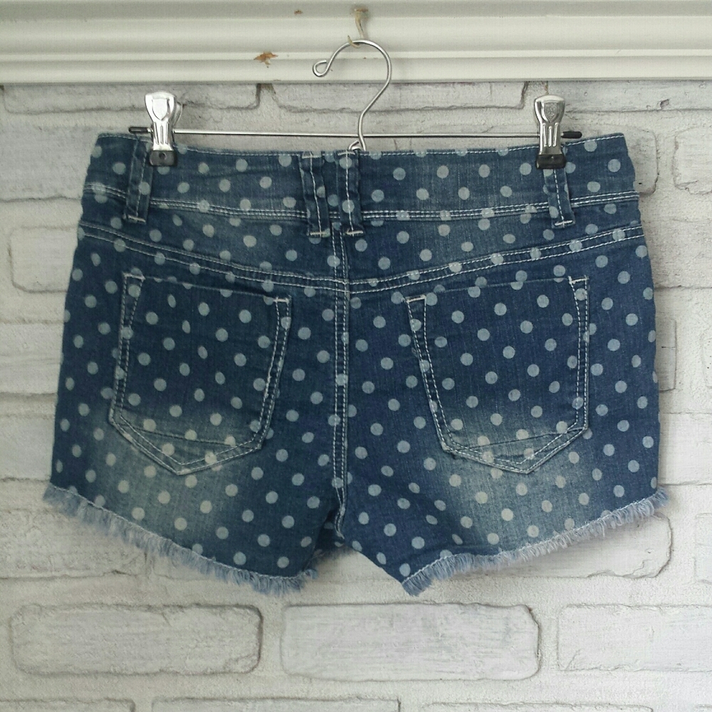 Rue 21 Juniors Blue Denim Polkadot Fringe Jean Shorts 5/6 - Picture 2 of 8